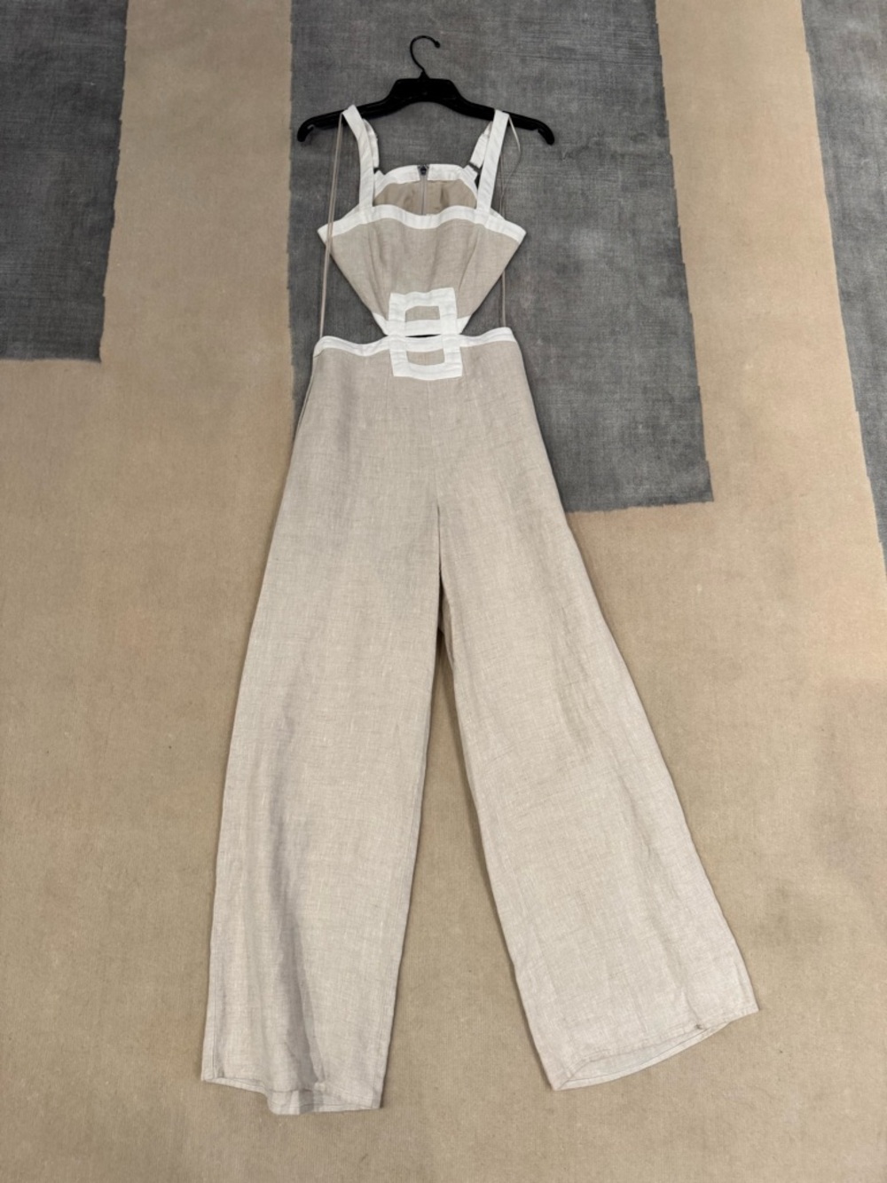 STAUD Cream Linen Wide-Leg Jumpsuit with White Trim